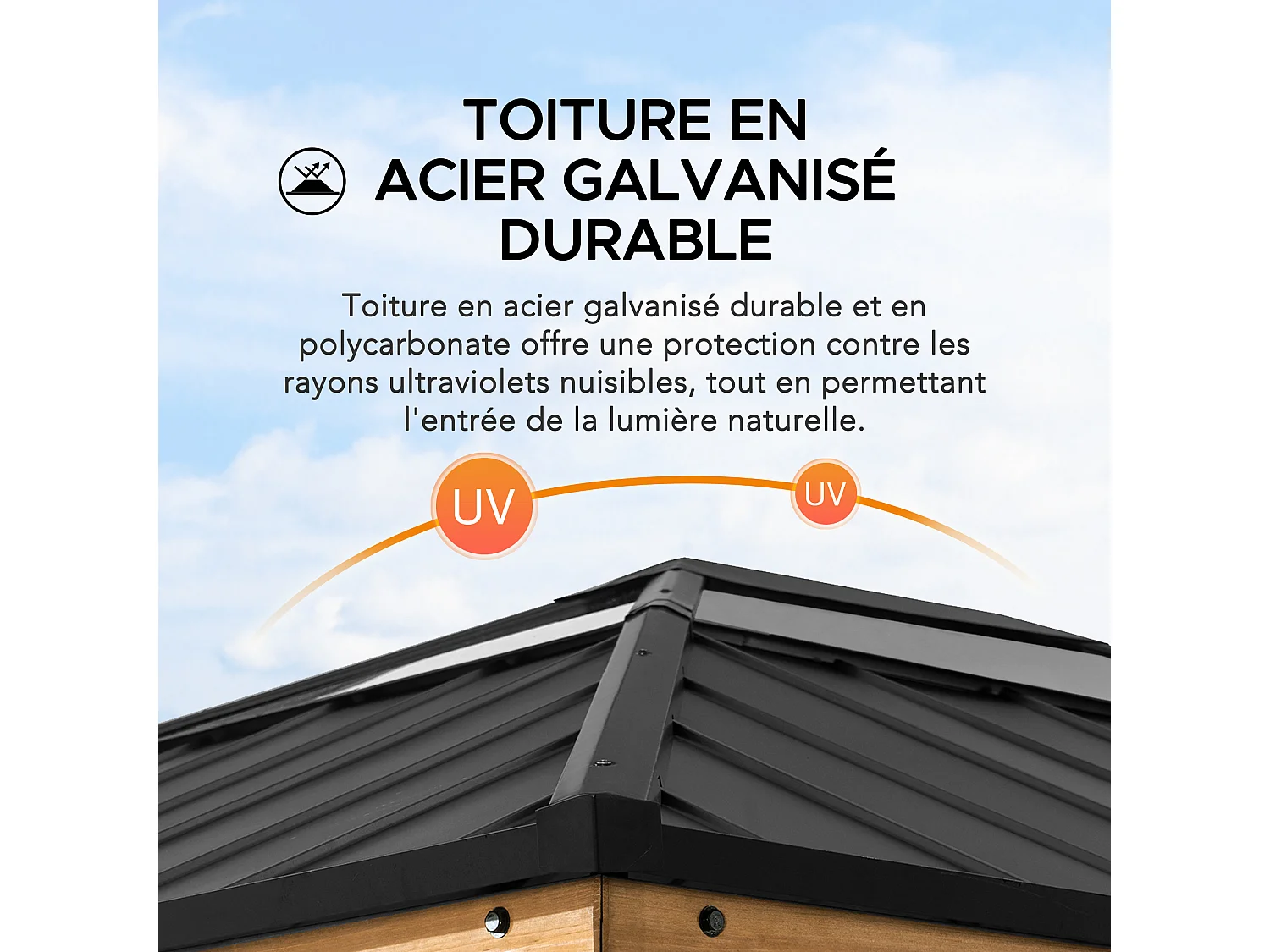 Pavillon en bois avec cadre en acier anthracite et lucarne en polycarbonate BRURI 335cm x 393cm