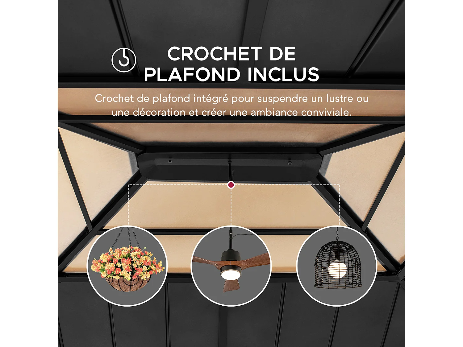 Pavillon en bois avec cadre en acier anthracite et lucarne en polycarbonate BRURI 335cm x 393cm