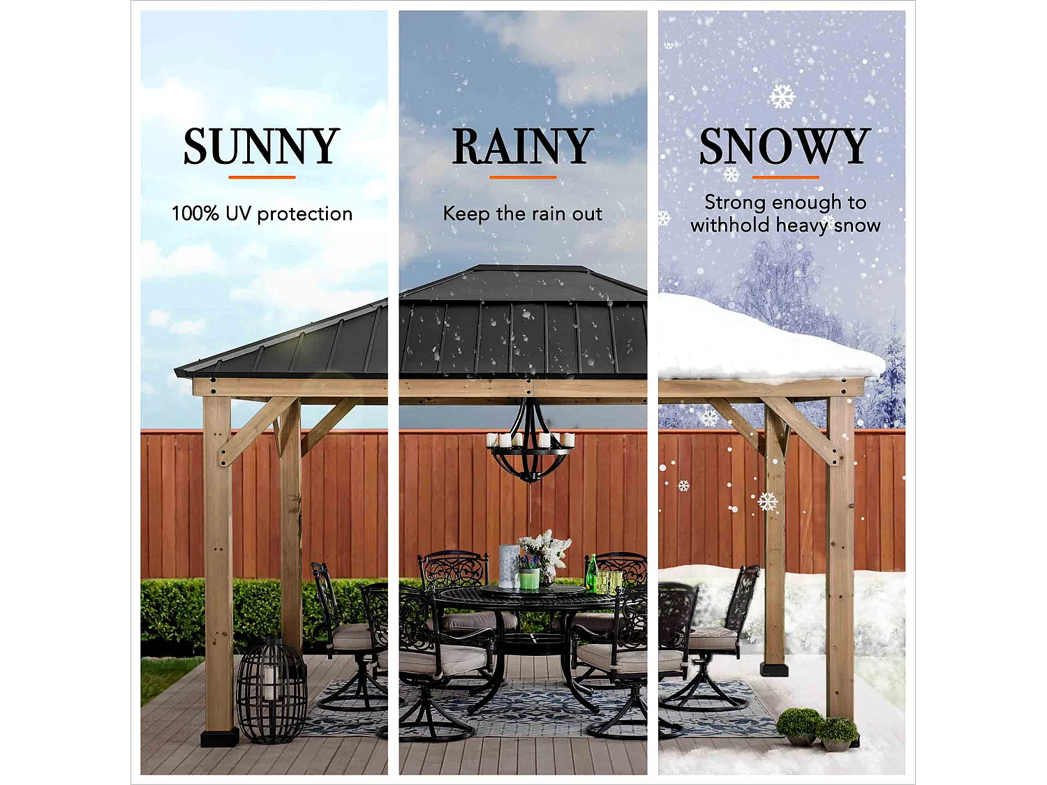 Pavillon en bois avec cadre en acier anthracite et lucarne en polycarbonate BRURI 335cm x 393cm