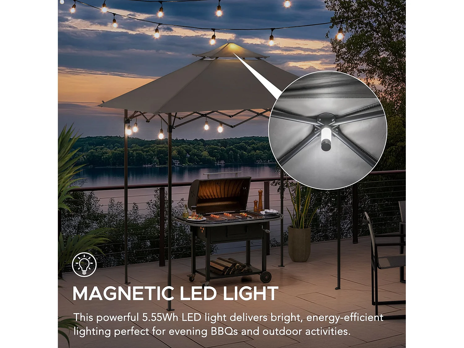 Tonnelle grill pliante avec éclairage LED magnétique et sac de transport CINTO 250x160