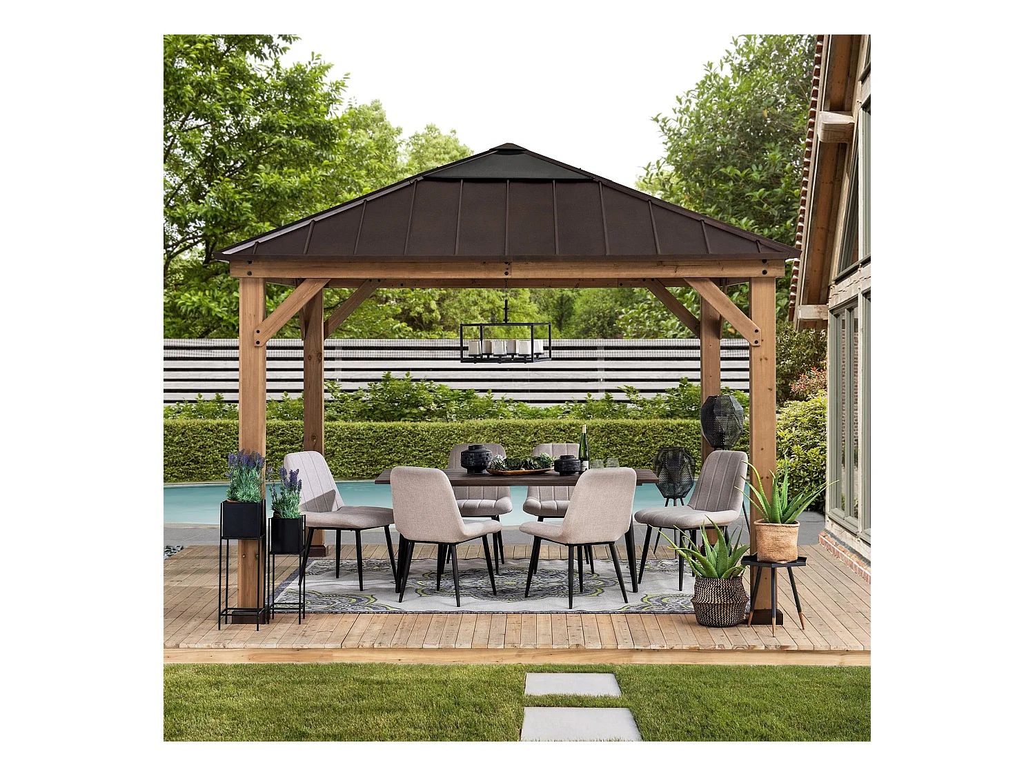 Tonnelle en bois avec toit en polycarbonate et acier brun PIRIN 336cm x 336cm