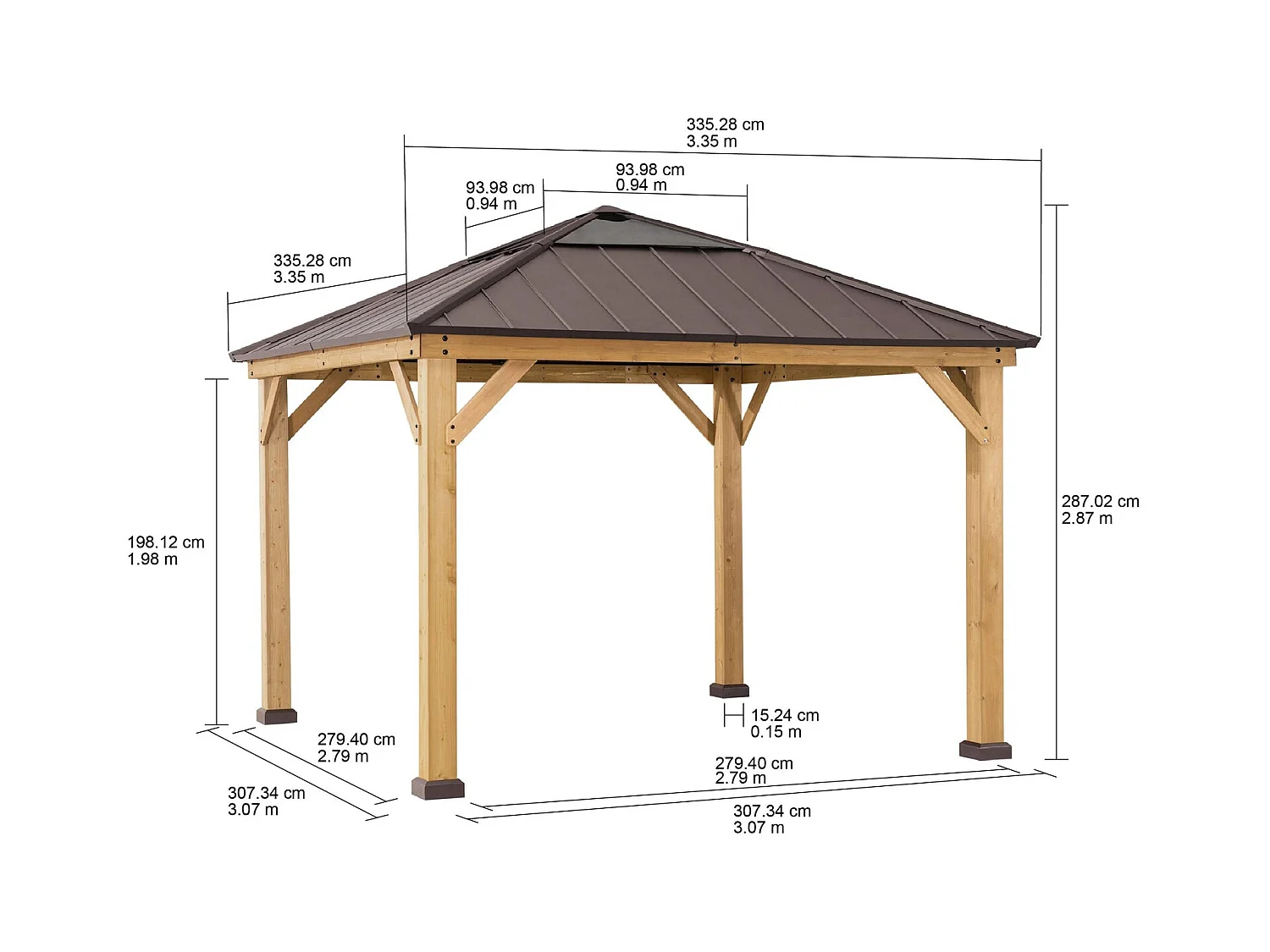 Tonnelle en bois avec toit en polycarbonate et acier brun PIRIN 336cm x 336cm