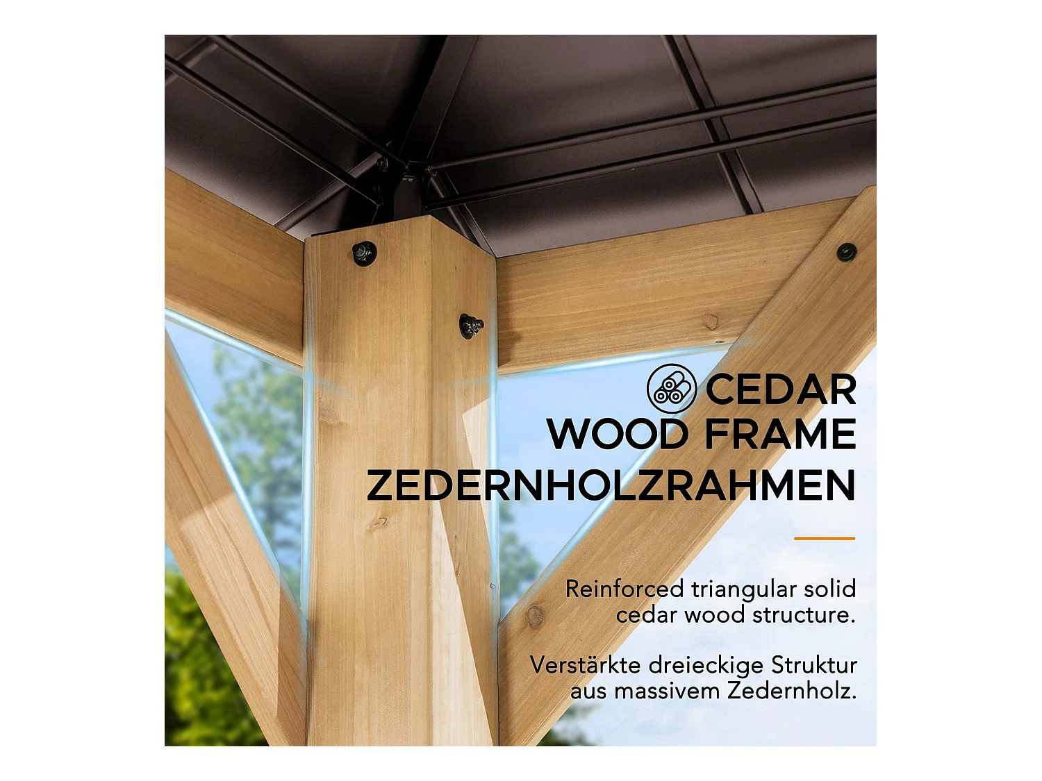 Tonnelle en bois avec toit en polycarbonate et acier brun PIRIN 336cm x 336cm