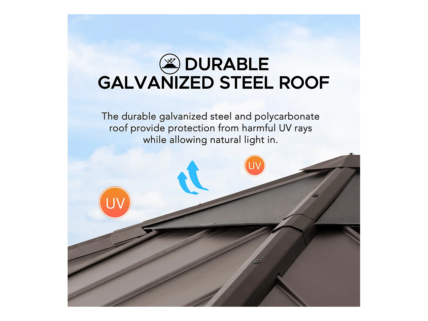 Tonnelle en bois avec toit en polycarbonate et acier brun PIRIN 336cm x 336cm