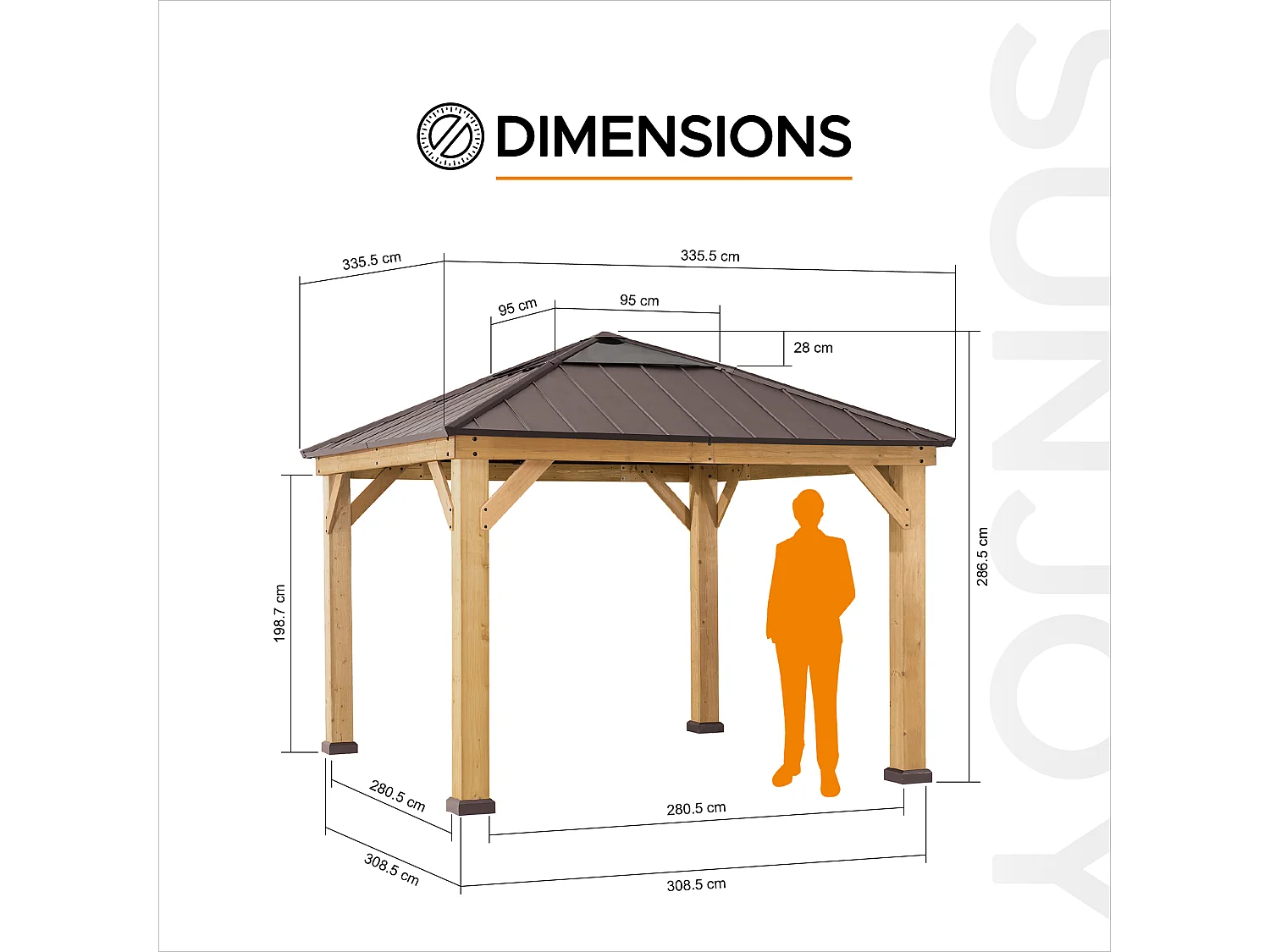Tonnelle en bois avec toit en polycarbonate et acier brun PIRIN 336cm x 336cm