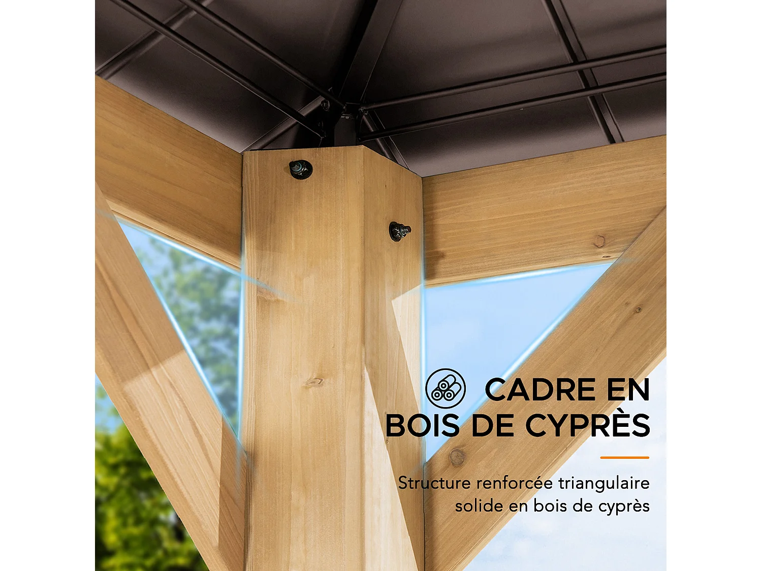 Tonnelle en bois avec toit en polycarbonate et acier brun PIRIN 336cm x 336cm