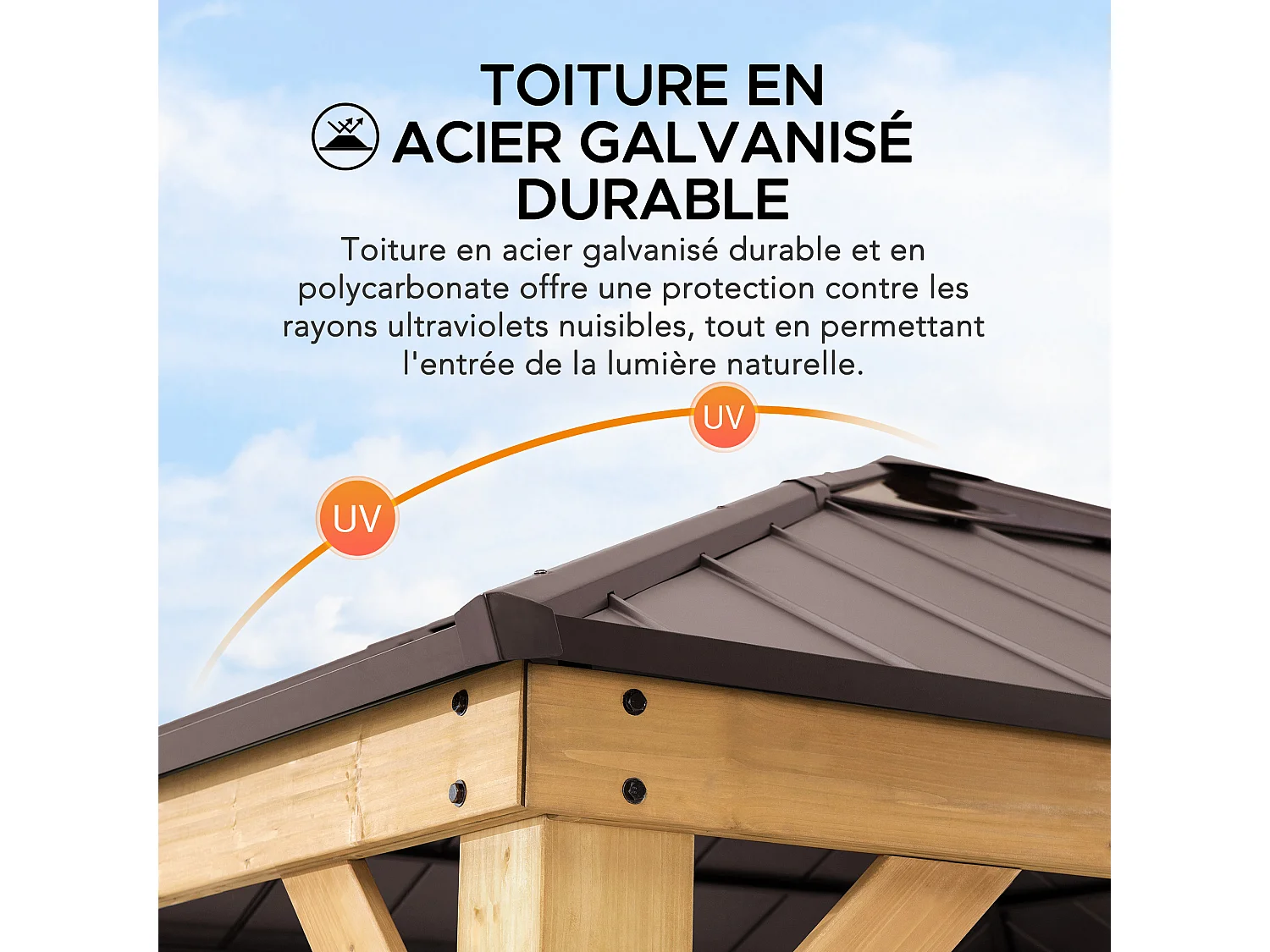 Tonnelle en bois avec toit en polycarbonate et acier brun PIRIN 336cm x 336cm