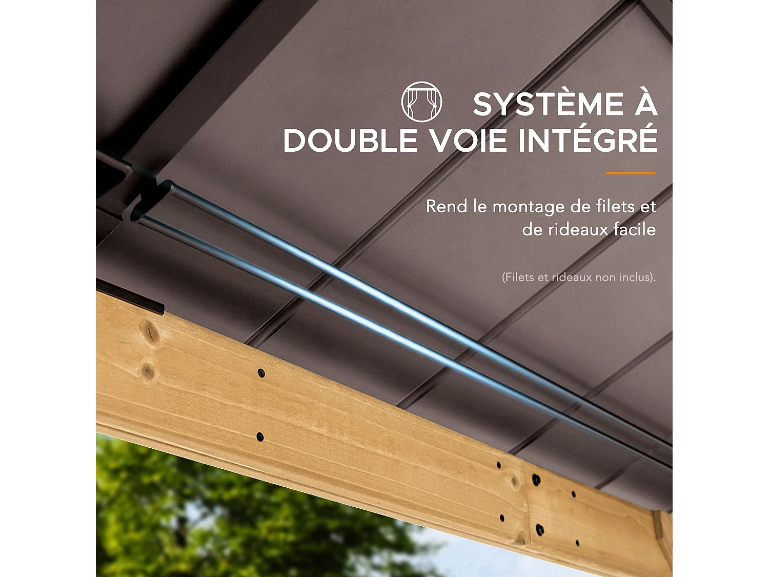 Tonnelle en bois avec toit en polycarbonate et acier brun PIRIN 336cm x 336cm