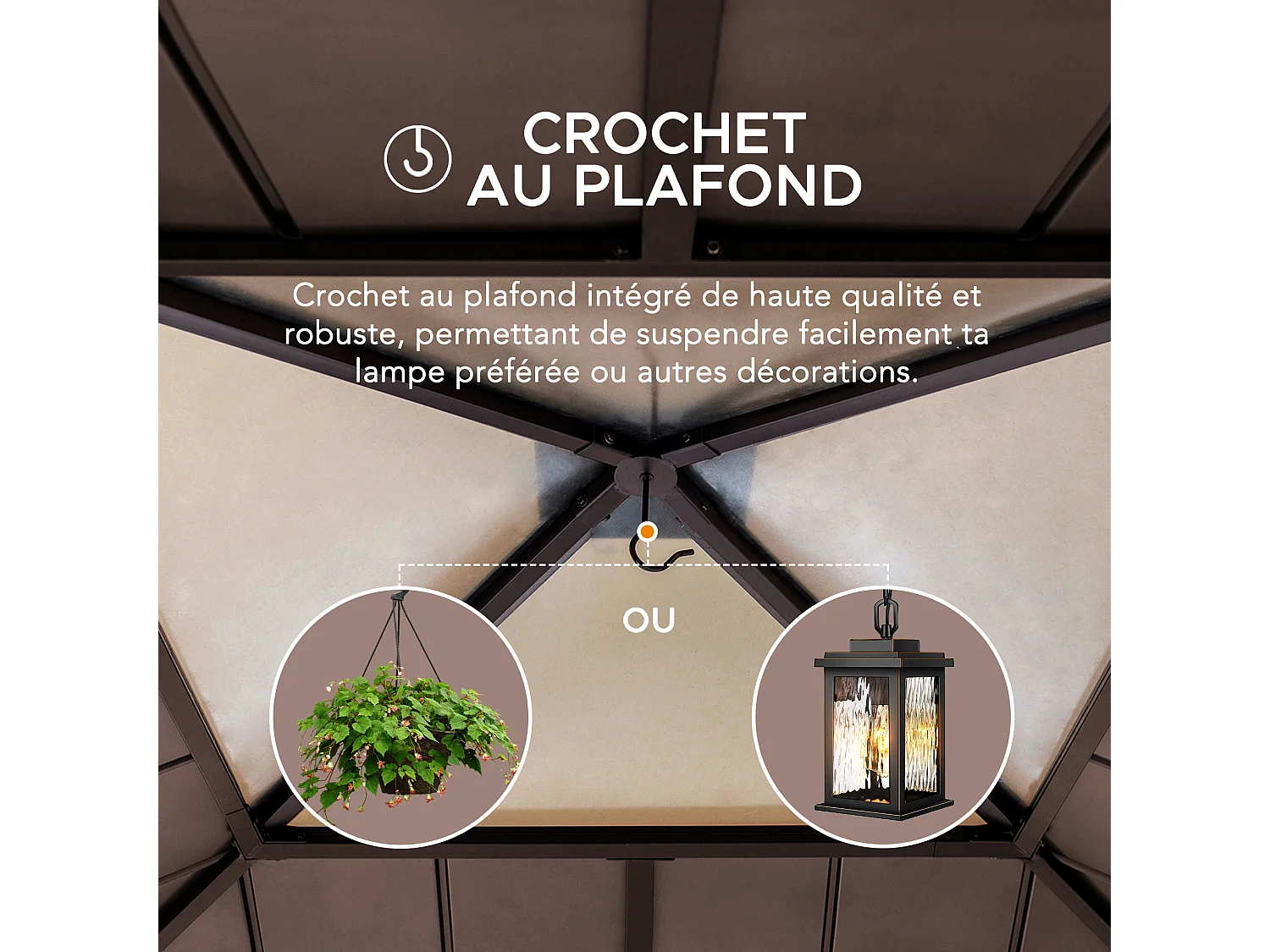 Tonnelle en bois avec toit en polycarbonate et acier brun PIRIN 336cm x 336cm