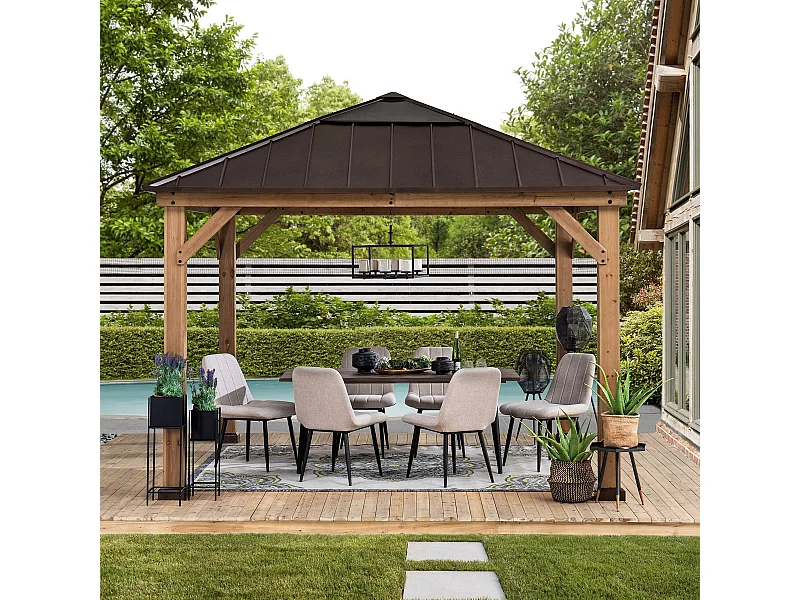 Tonnelle en bois avec toit en polycarbonate et acier brun PIRIN 336cm x 336cm