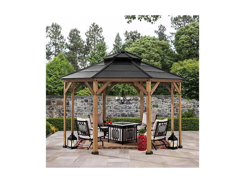 Tonnelle octogonale en bois avec toit en acier et crochet de plafond EGGI 395 cm x 395 cm