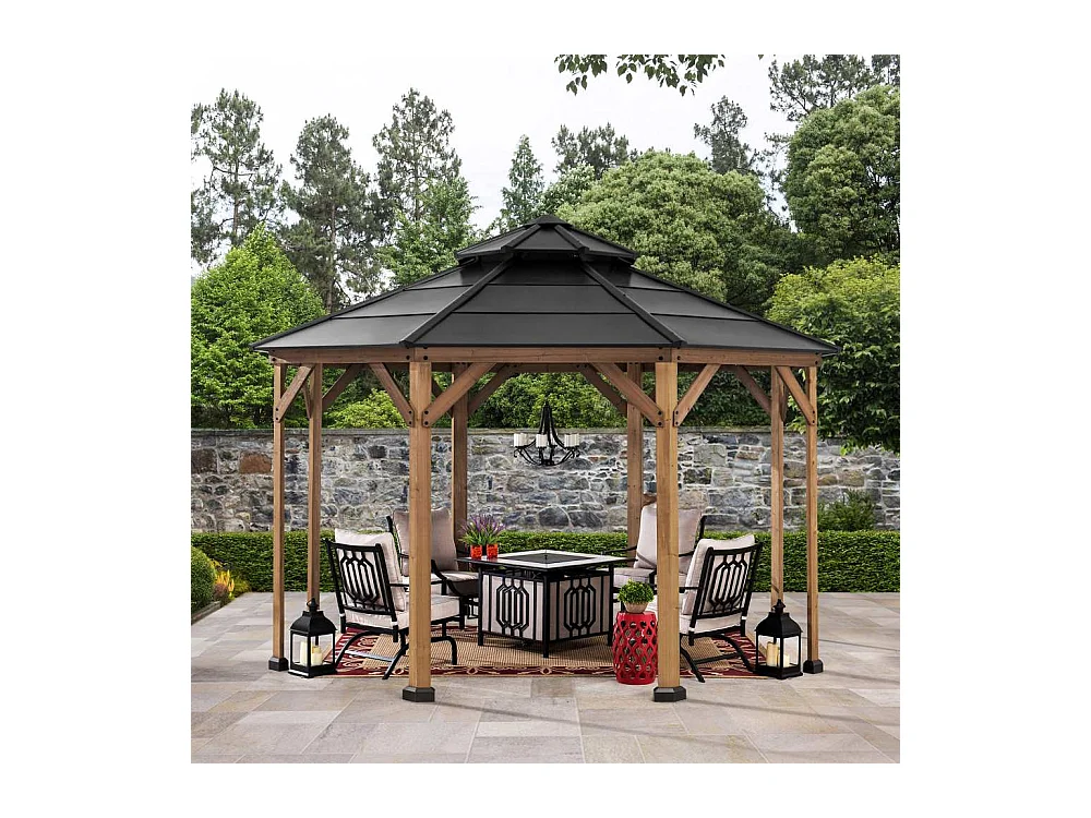 Tonnelle octogonale en bois avec toit en acier et crochet de plafond EGGI 395 cm x 395 cm