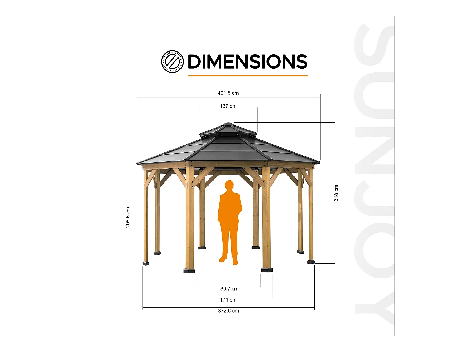 Tonnelle octogonale en bois avec toit en acier et crochet de plafond EGGI 395 cm x 395 cm