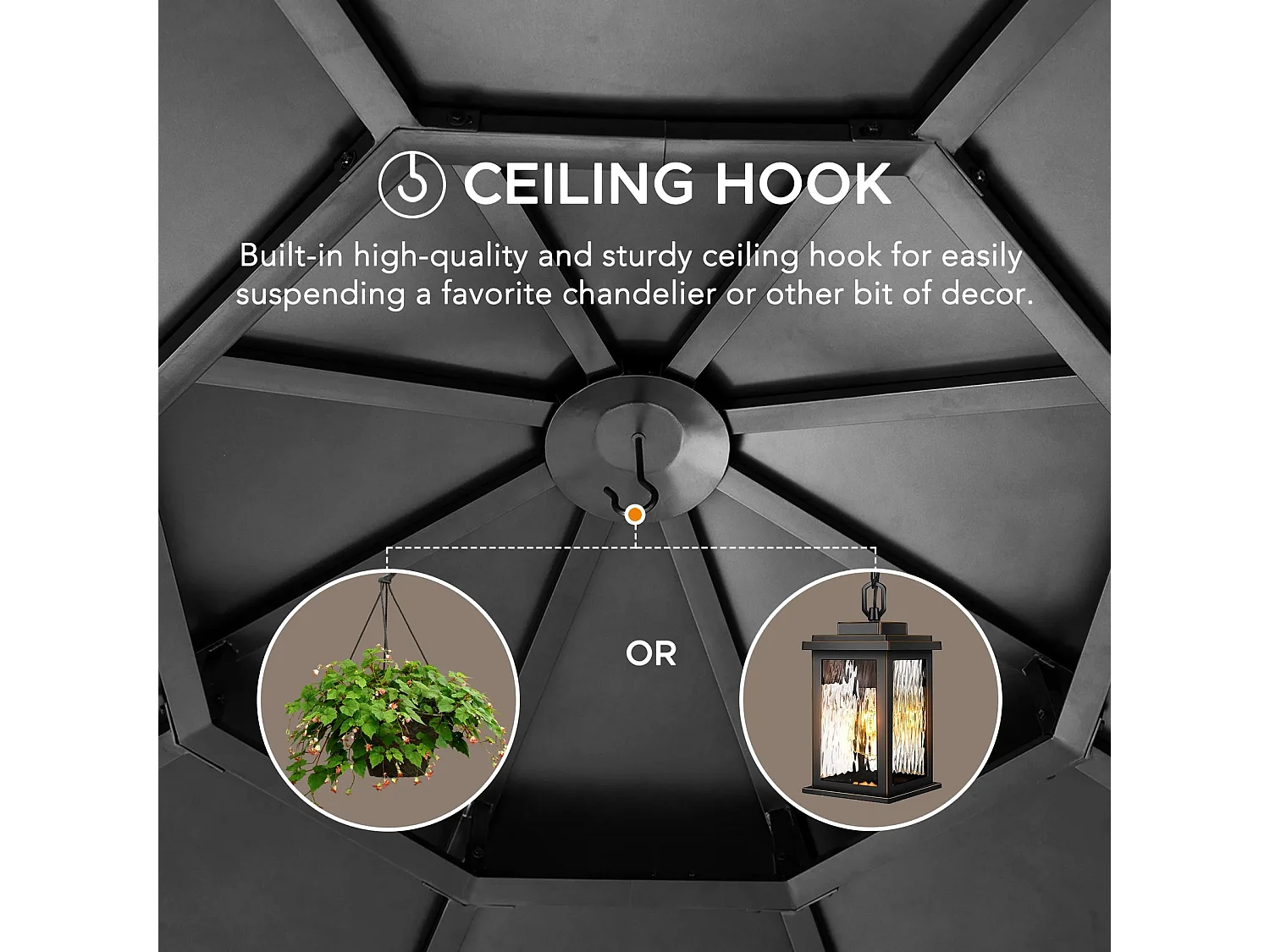 Tonnelle octogonale en bois avec toit en acier et crochet de plafond EGGI 395 cm x 395 cm