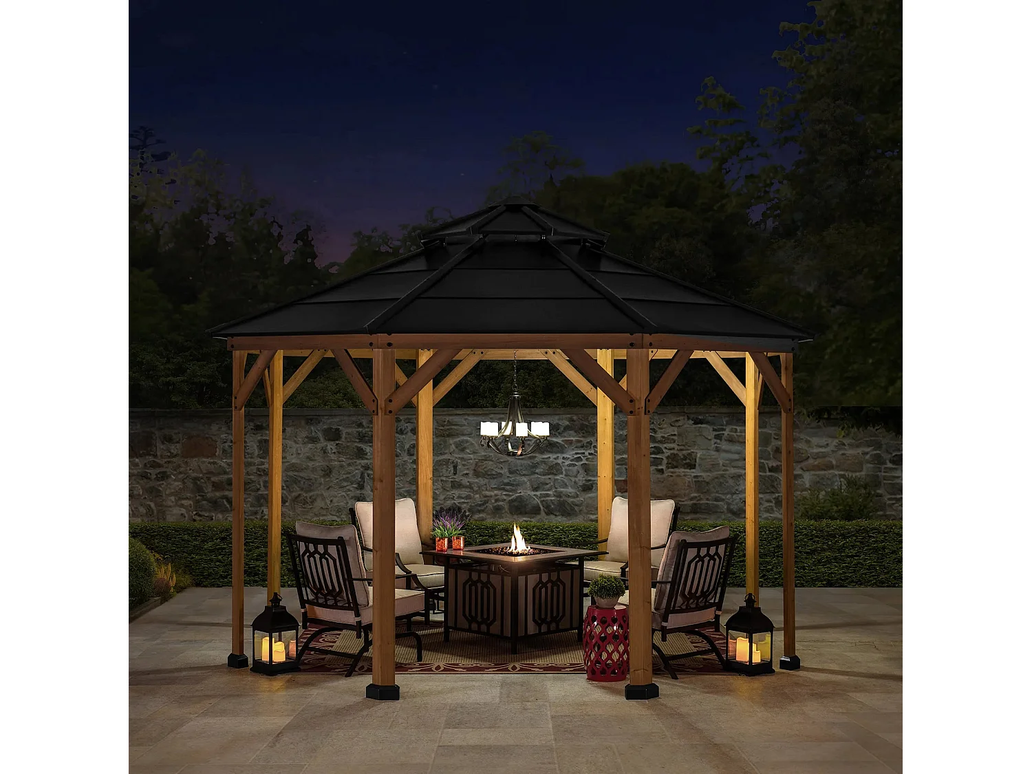 Tonnelle octogonale en bois avec toit en acier et crochet de plafond EGGI 395 cm x 395 cm