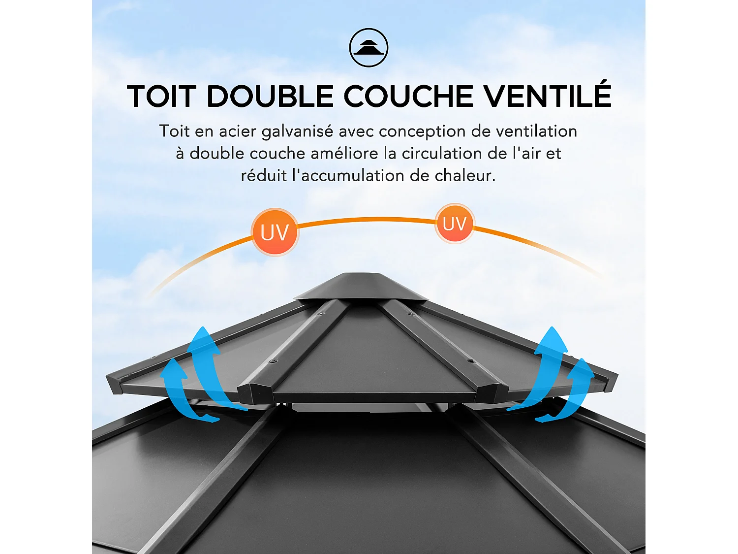 Tonnelle octogonale en bois avec toit en acier et crochet de plafond EGGI 395 cm x 395 cm