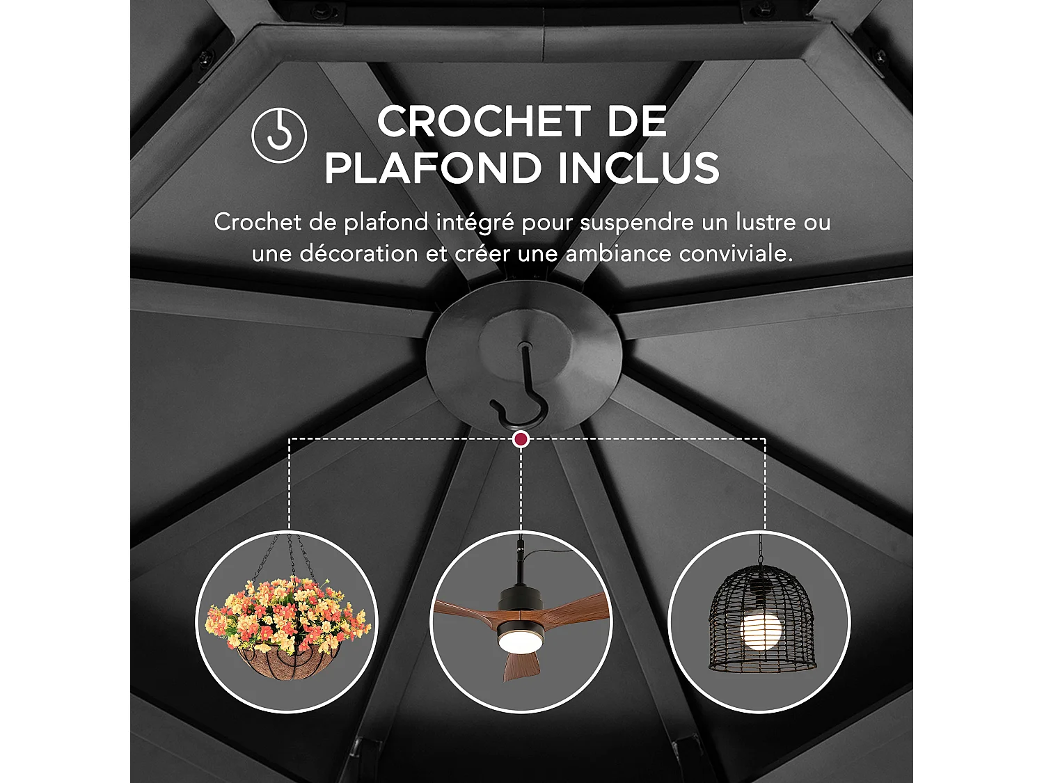 Tonnelle octogonale en bois avec toit en acier et crochet de plafond EGGI 395 cm x 395 cm