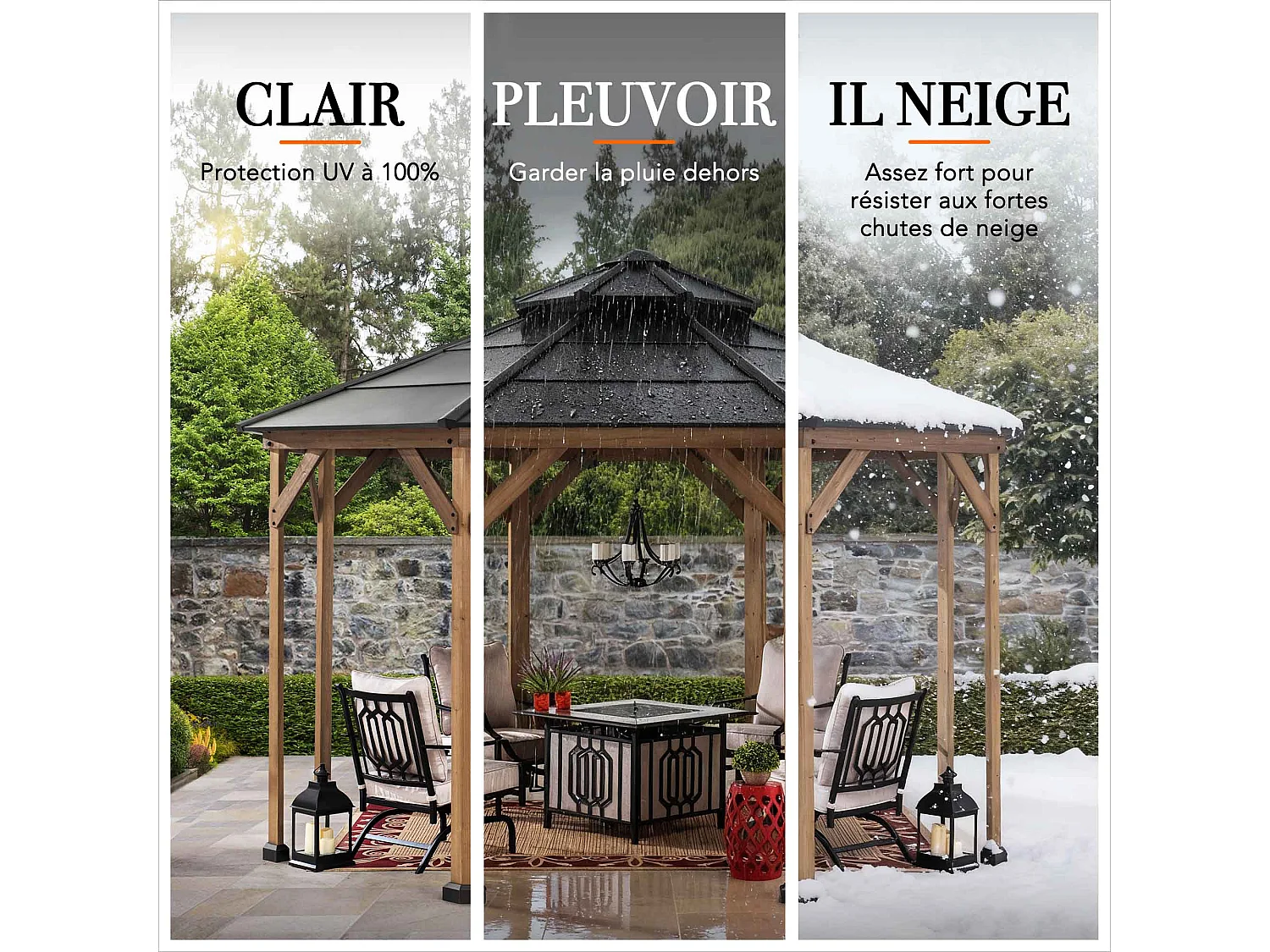 Tonnelle octogonale en bois avec toit en acier et crochet de plafond EGGI 395 cm x 395 cm