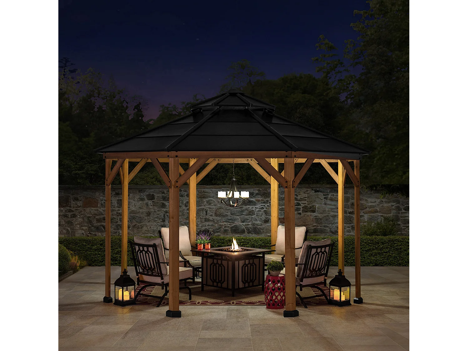 Tonnelle octogonale en bois avec toit en acier et crochet de plafond EGGI 395 cm x 395 cm