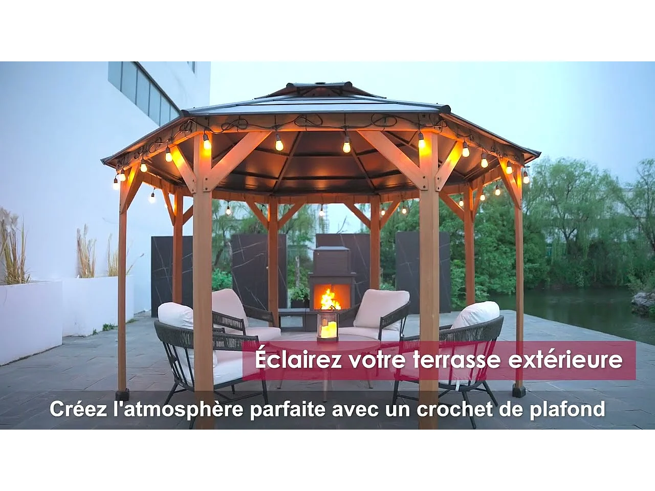 Tonnelle octogonale en bois avec toit en acier et crochet de plafond EGGI 395 cm x 395 cm