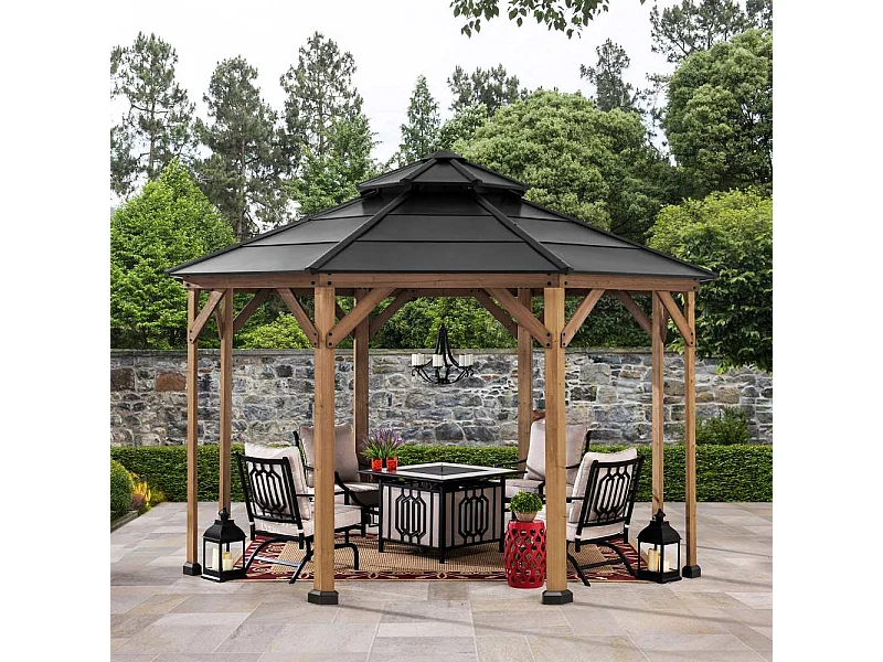 Tonnelle octogonale en bois avec toit en acier et crochet de plafond EGGI 395 cm x 395 cm