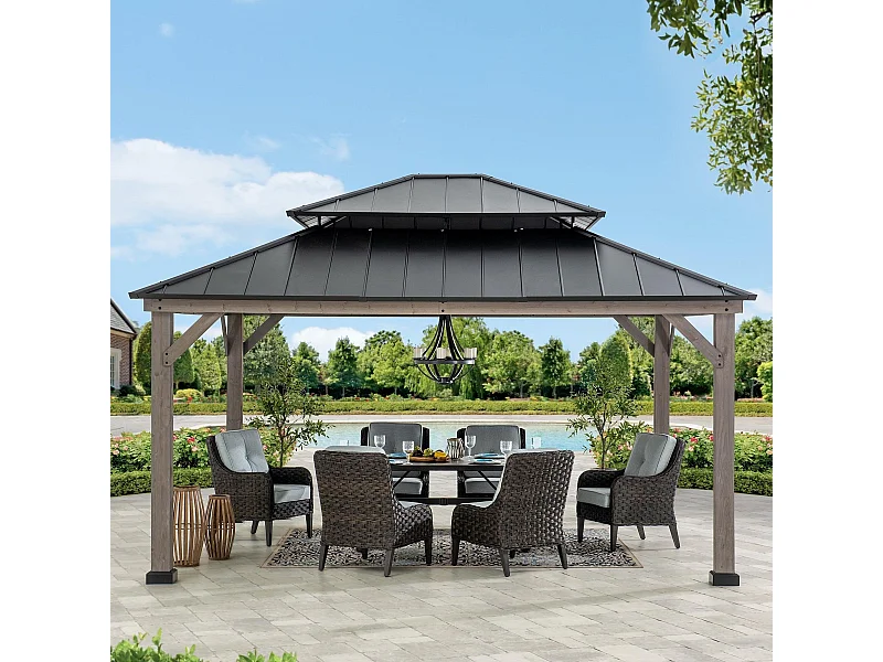Tonnelle d'extérieur en bois avec toit métallique à 2 niveaux et crochet de plafond RYSY 390 cm x 450 cm
