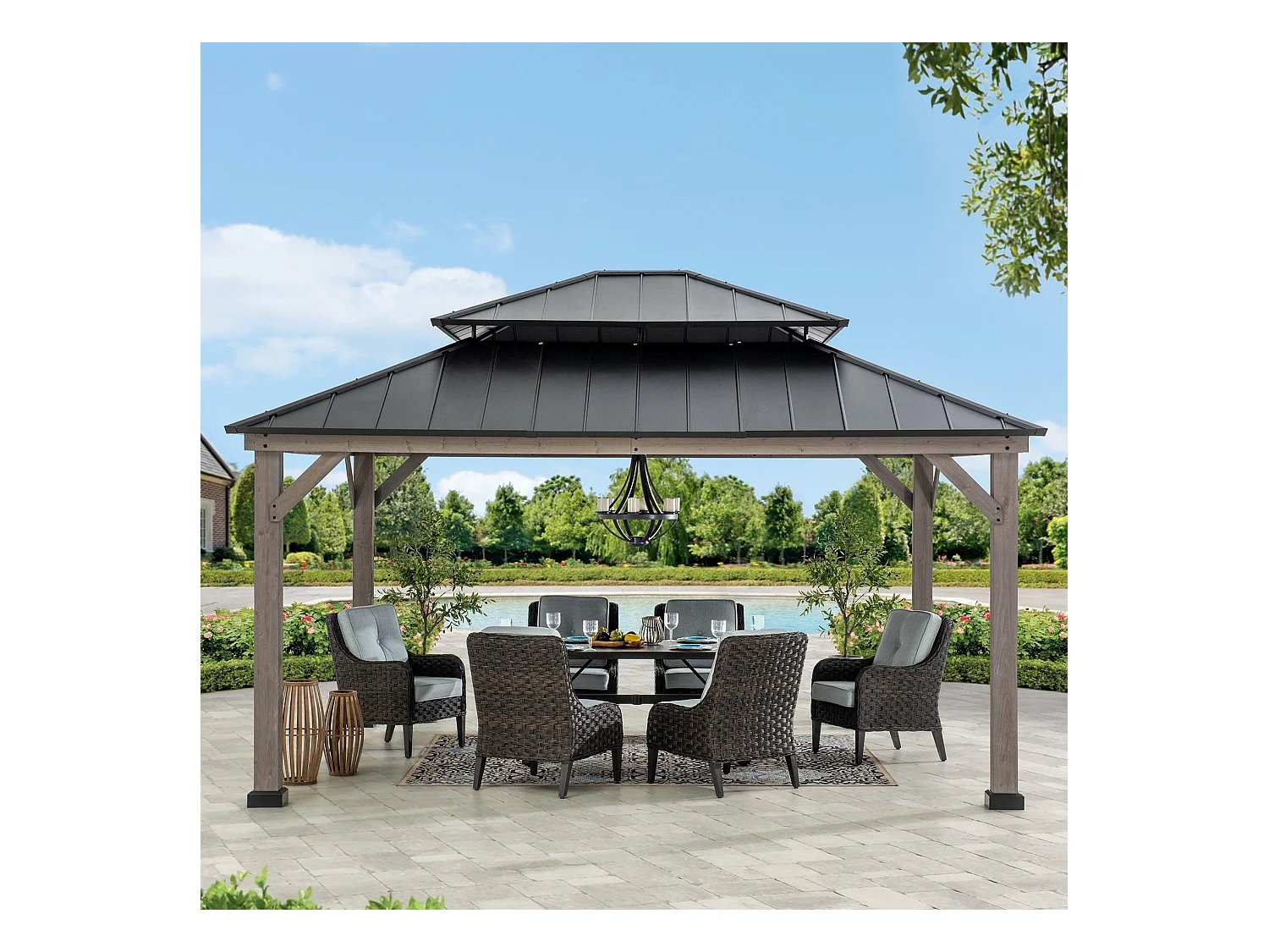 Tonnelle d'extérieur en bois avec toit métallique à 2 niveaux et crochet de plafond RYSY 390 cm x 450 cm