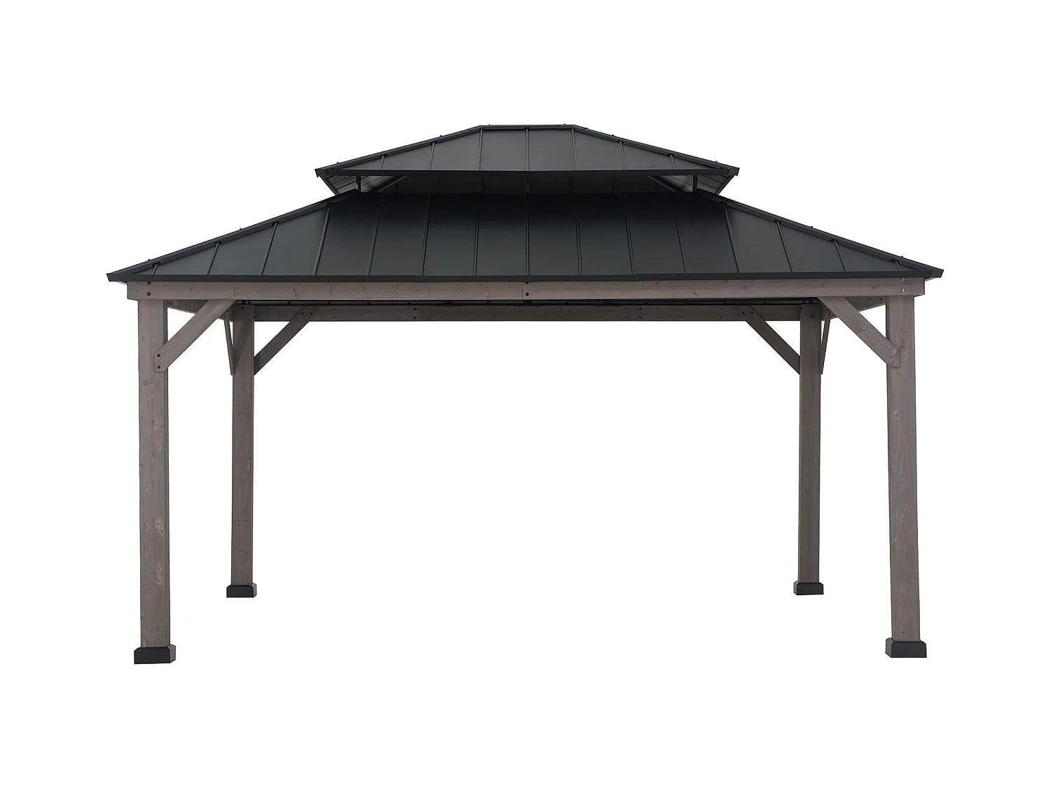 Tonnelle d'extérieur en bois avec toit métallique à 2 niveaux et crochet de plafond RYSY 390 cm x 450 cm