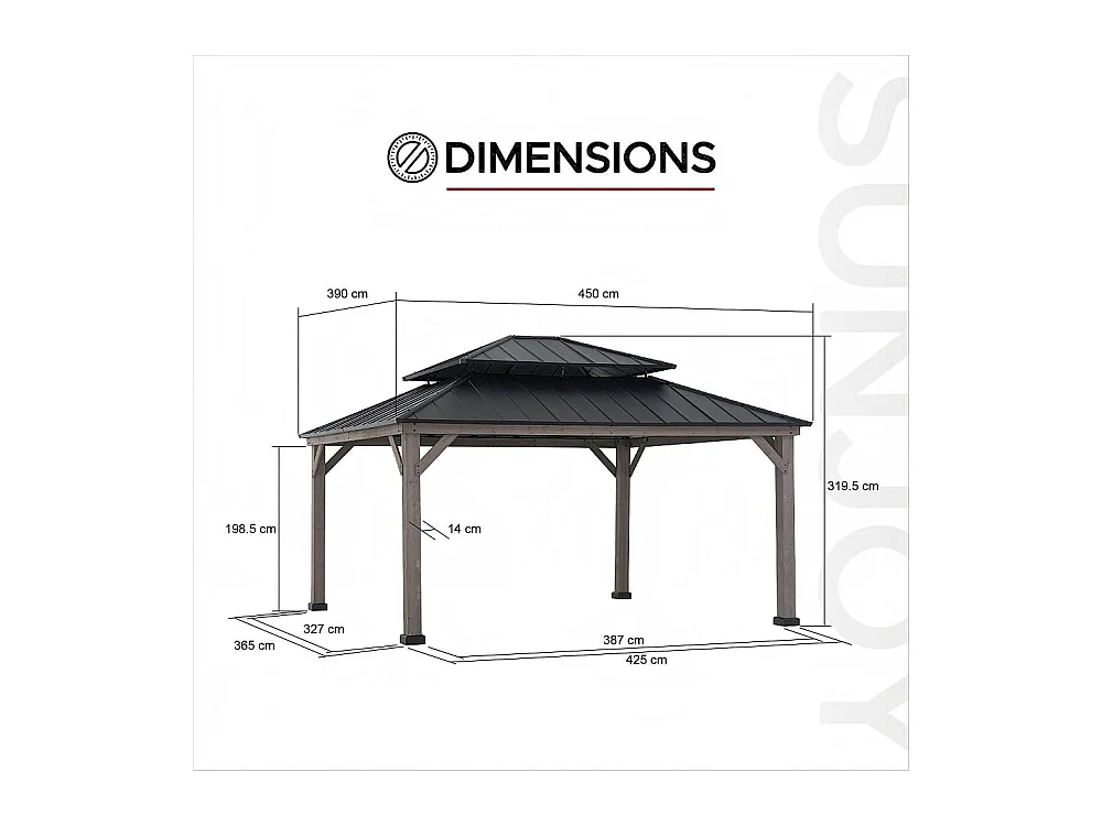 Tonnelle d'extérieur en bois avec toit métallique à 2 niveaux et crochet de plafond RYSY 390 cm x 450 cm