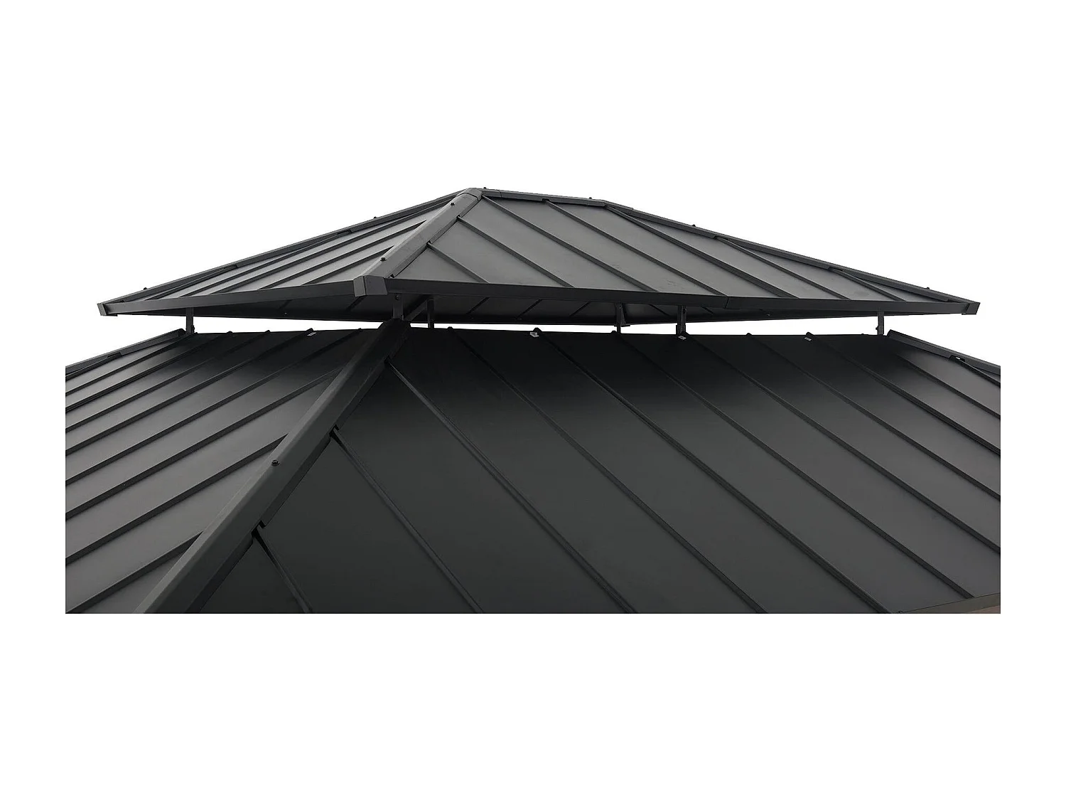 Tonnelle d'extérieur en bois avec toit métallique à 2 niveaux et crochet de plafond RYSY 390 cm x 450 cm