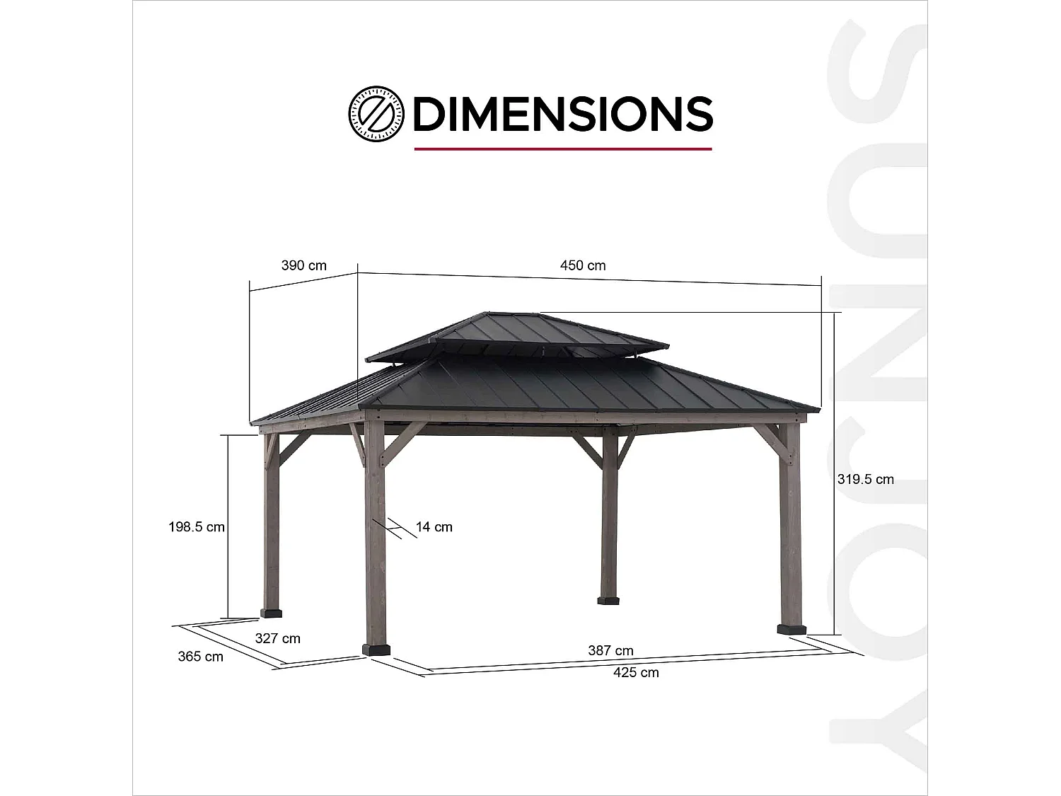 Tonnelle d'extérieur en bois avec toit métallique à 2 niveaux et crochet de plafond RYSY 390 cm x 450 cm