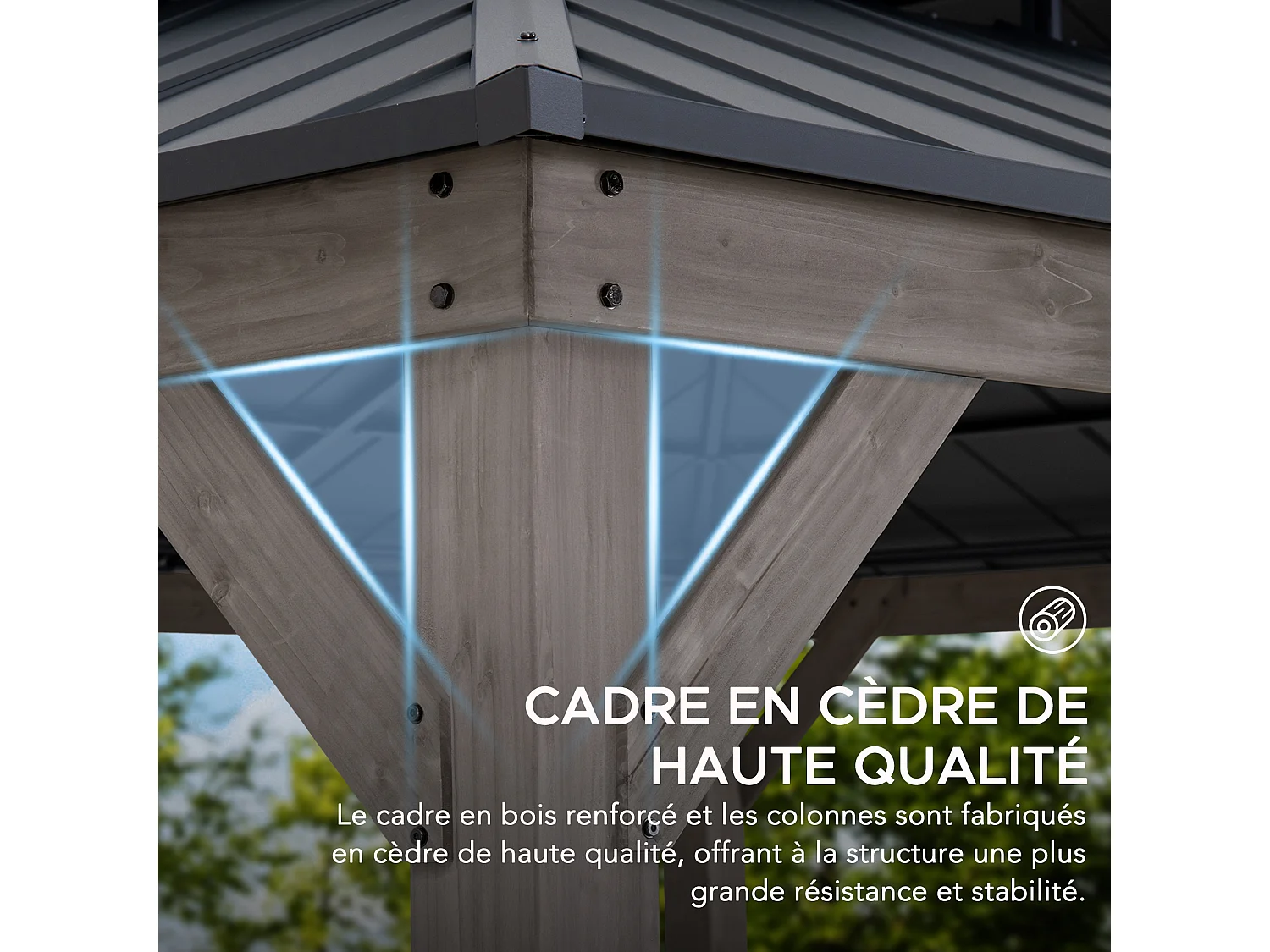 Tonnelle d'extérieur en bois avec toit métallique à 2 niveaux et crochet de plafond RYSY 390 cm x 450 cm