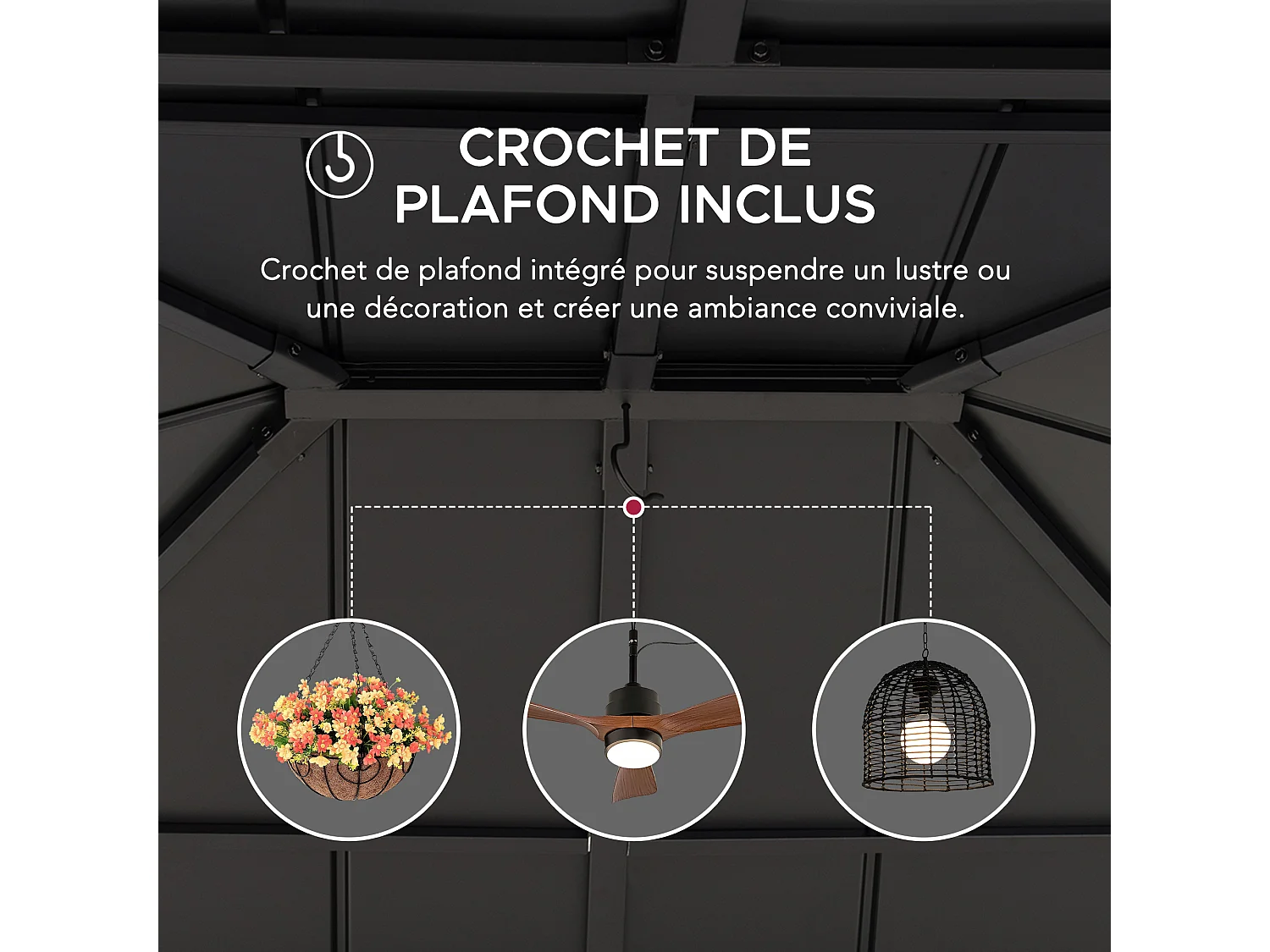 Tonnelle d'extérieur en bois avec toit métallique à 2 niveaux et crochet de plafond RYSY 390 cm x 450 cm