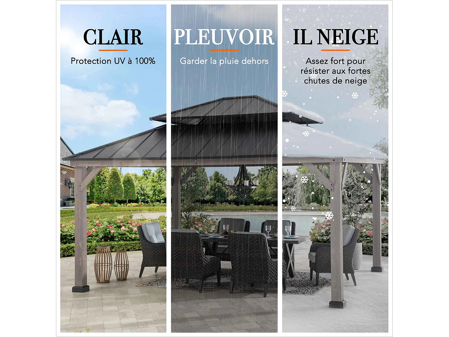 Tonnelle d'extérieur en bois avec toit métallique à 2 niveaux et crochet de plafond RYSY 390 cm x 450 cm