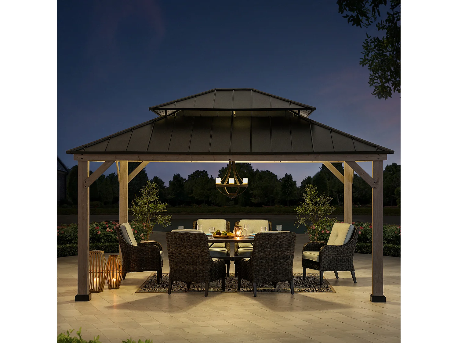 Tonnelle d'extérieur en bois avec toit métallique à 2 niveaux et crochet de plafond RYSY 390 cm x 450 cm