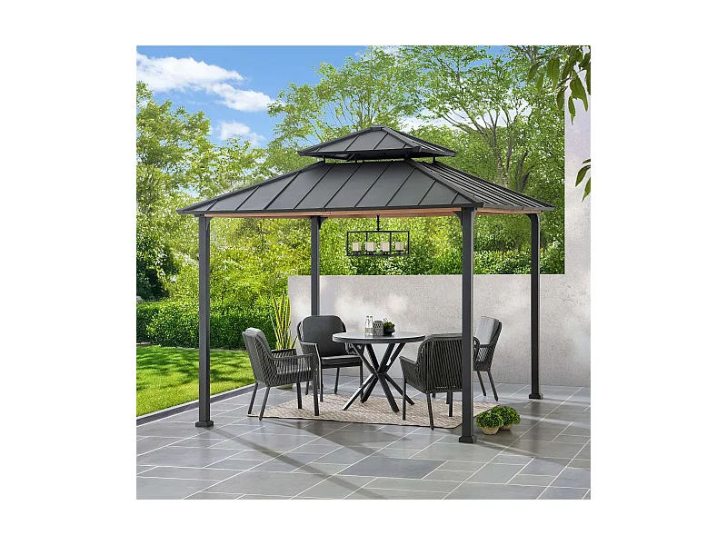 Tonnelle à toit rigide en acier avec toit en acier à 2 niveaux et crochet de plafond PASU 300 cm x 300 cm