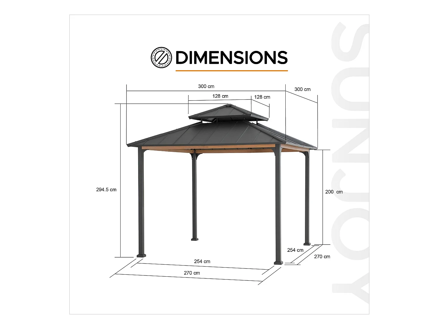 Tonnelle à toit rigide en acier avec toit en acier à 2 niveaux et crochet de plafond PASU 300 cm x 300 cm