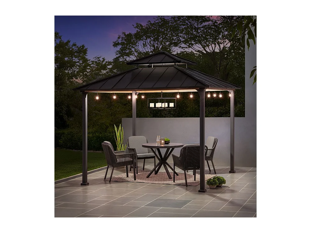 Tonnelle à toit rigide en acier avec toit en acier à 2 niveaux et crochet de plafond PASU 300 cm x 300 cm