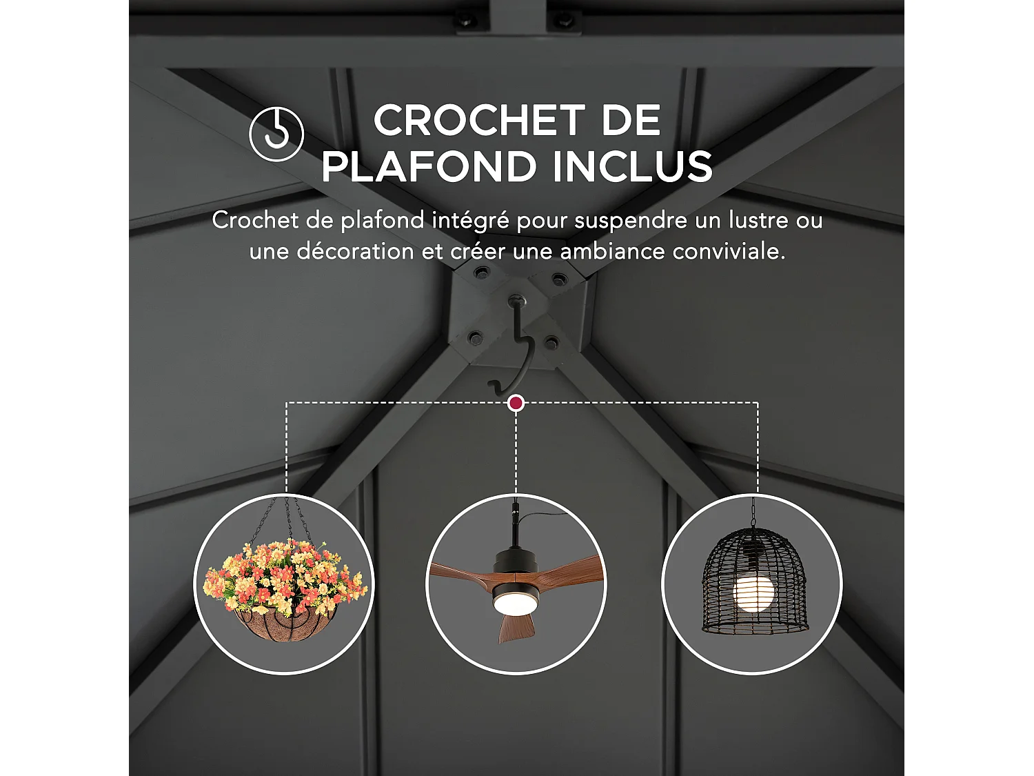 Tonnelle à toit rigide en acier avec toit en acier à 2 niveaux et crochet de plafond PASU 300 cm x 300 cm