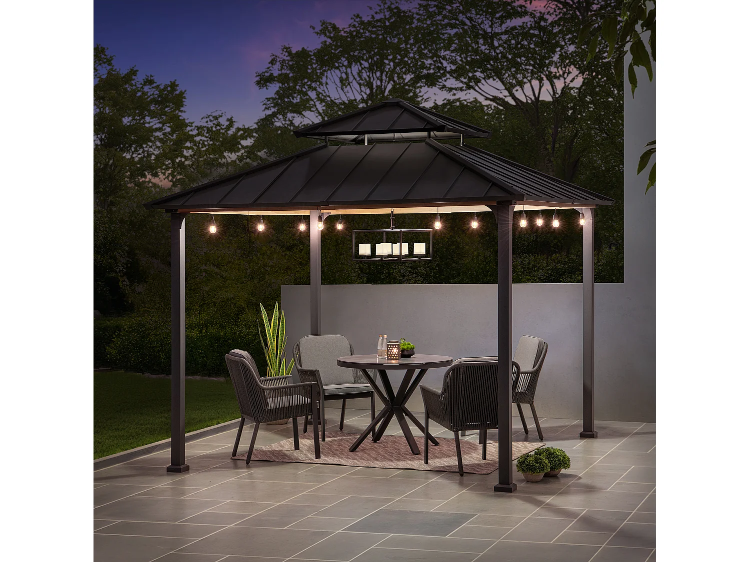 Tonnelle à toit rigide en acier avec toit en acier à 2 niveaux et crochet de plafond PASU 300 cm x 300 cm