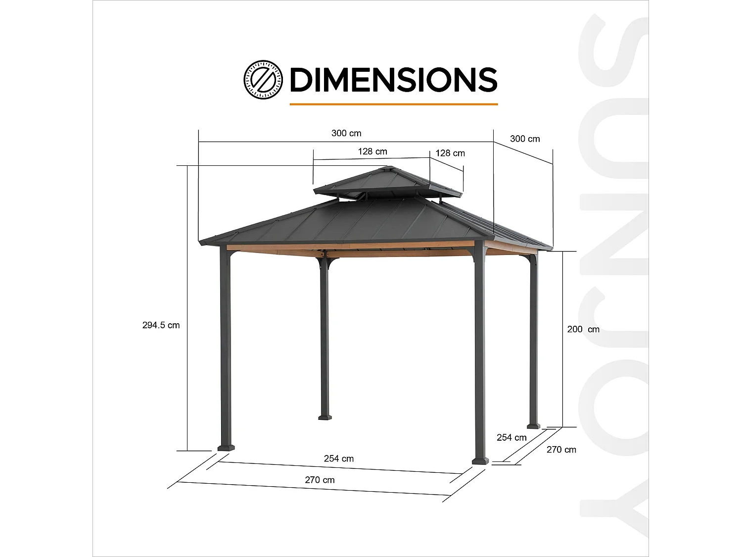 Tonnelle à toit rigide en acier avec toit en acier à 2 niveaux et crochet de plafond PASU 300 cm x 300 cm
