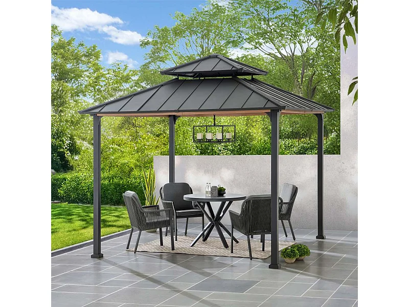 Tonnelle à toit rigide en acier avec toit en acier à 2 niveaux et crochet de plafond PASU 300 cm x 300 cm