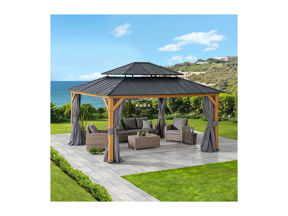 Tonnelle en bois avec toit rigide à deux niveaux en acier anthracite et avec rideau et filet Trivor 390 cm x 450 cm