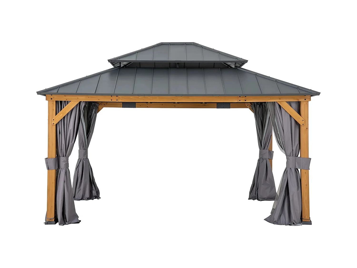 Tonnelle en bois avec toit rigide à deux niveaux en acier anthracite et avec rideau et filet Trivor 390 cm x 450 cm