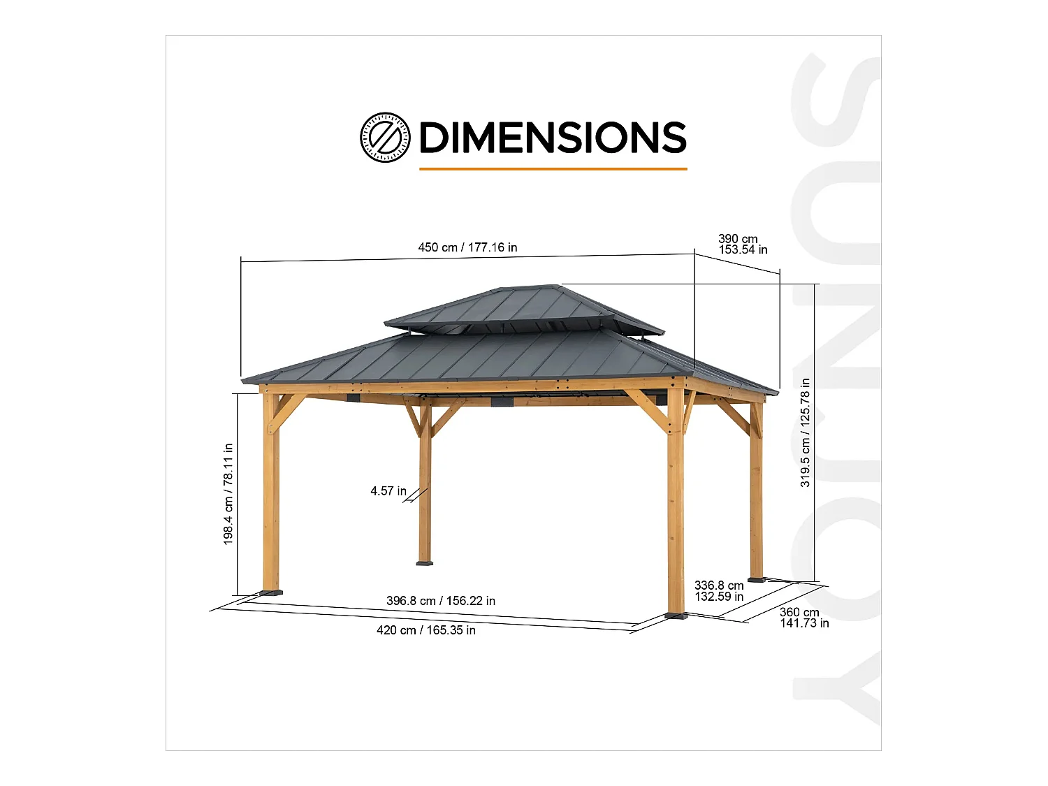 Tonnelle en bois avec toit rigide à deux niveaux en acier anthracite et avec rideau et filet Trivor 390 cm x 450 cm