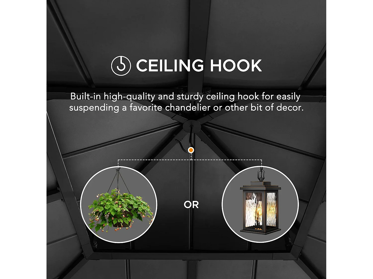 Tonnelle en bois avec toit rigide à deux niveaux en acier anthracite et avec rideau et filet Trivor 390 cm x 450 cm