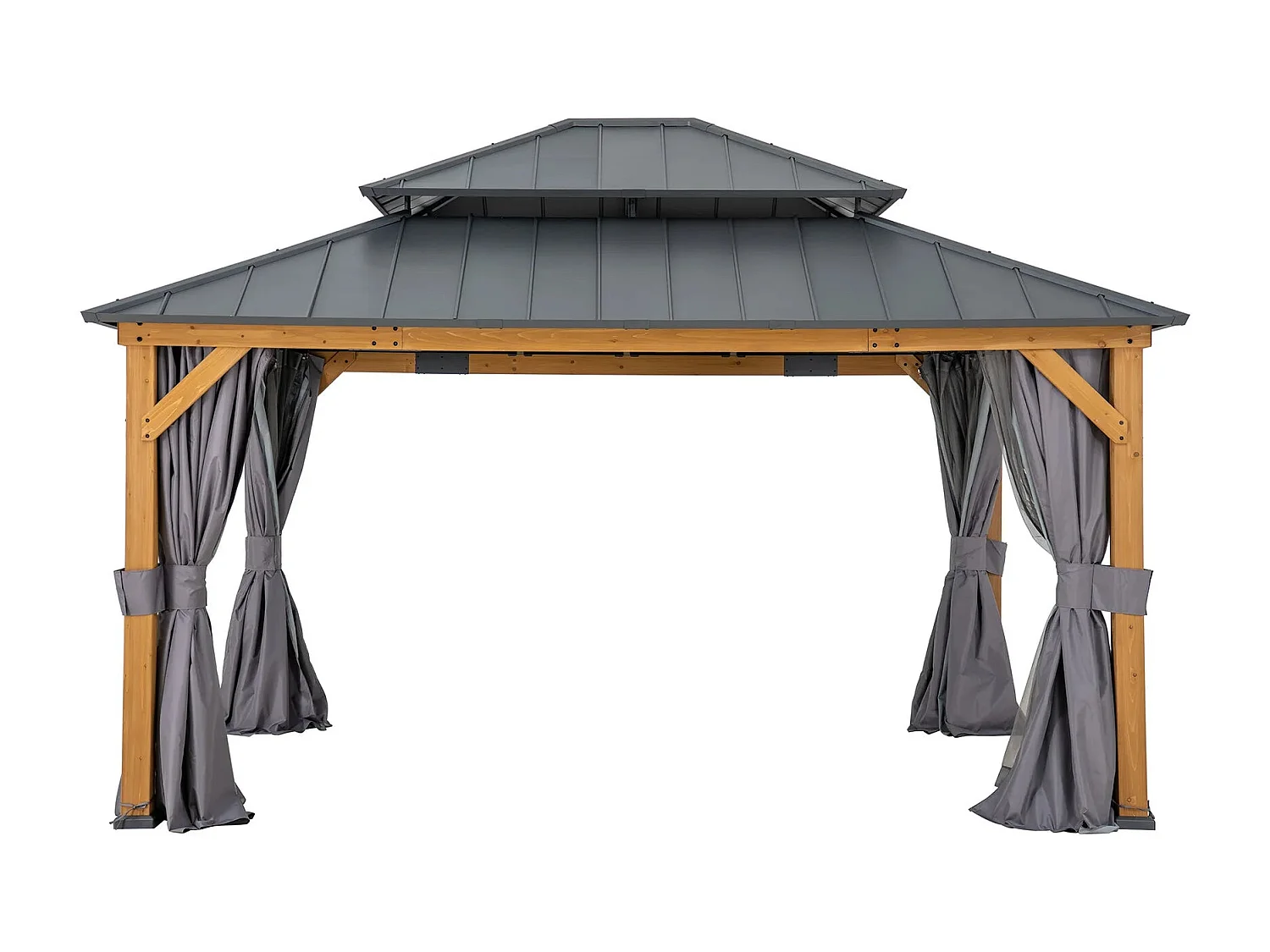 Tonnelle en bois avec toit rigide à deux niveaux en acier anthracite et avec rideau et filet Trivor 390 cm x 450 cm