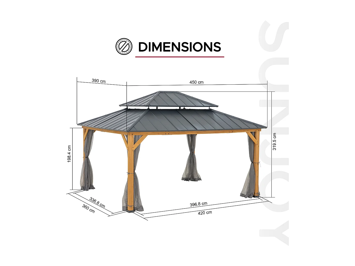Tonnelle en bois avec toit rigide à deux niveaux en acier anthracite et avec rideau et filet Trivor 390 cm x 450 cm