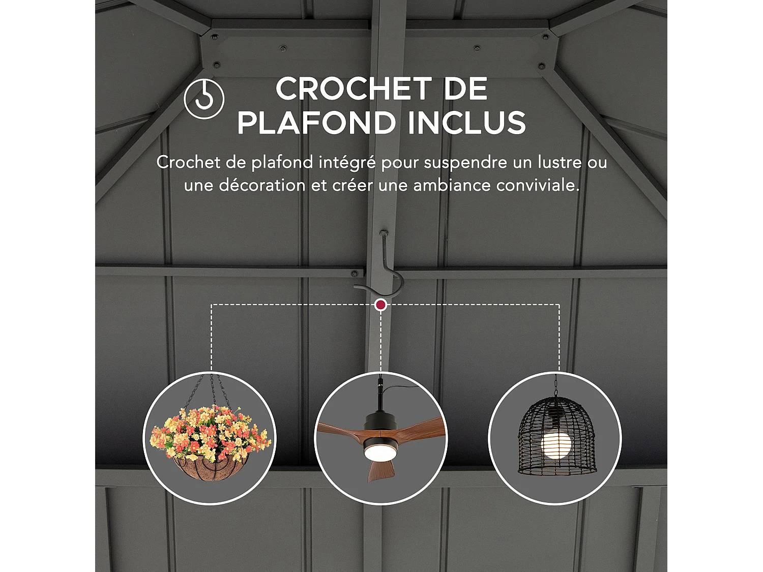 Tonnelle en bois avec toit rigide à deux niveaux en acier anthracite et avec rideau et filet Trivor 390 cm x 450 cm