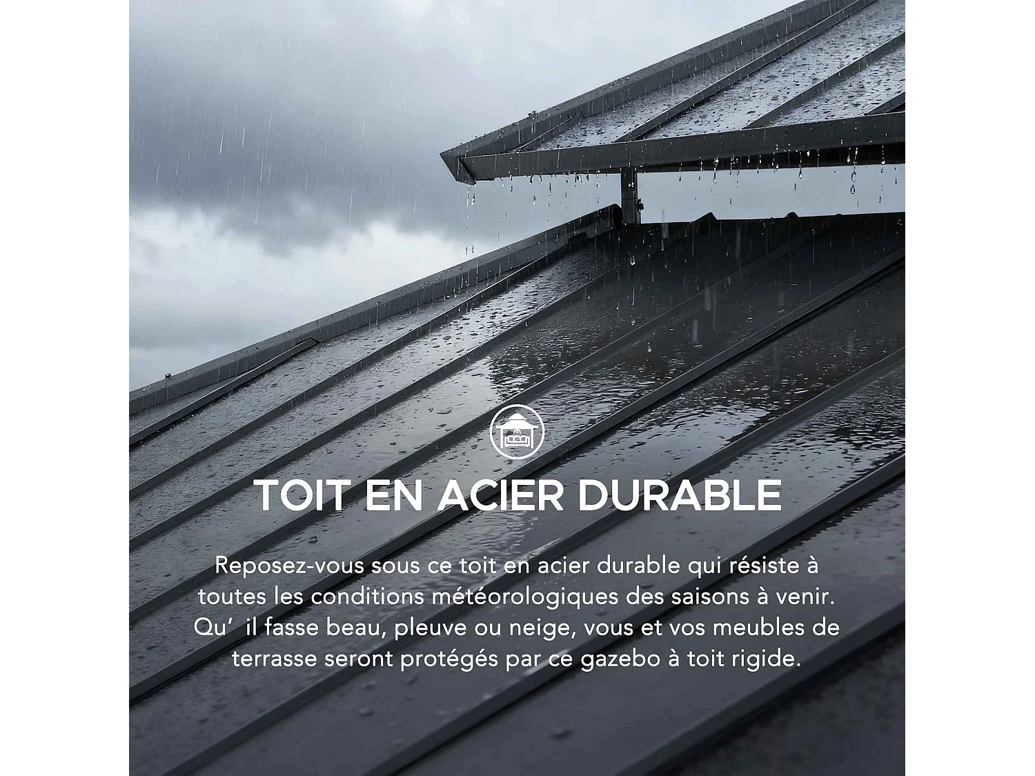 Tonnelle en bois avec toit rigide à deux niveaux en acier anthracite et avec rideau et filet Trivor 390 cm x 450 cm